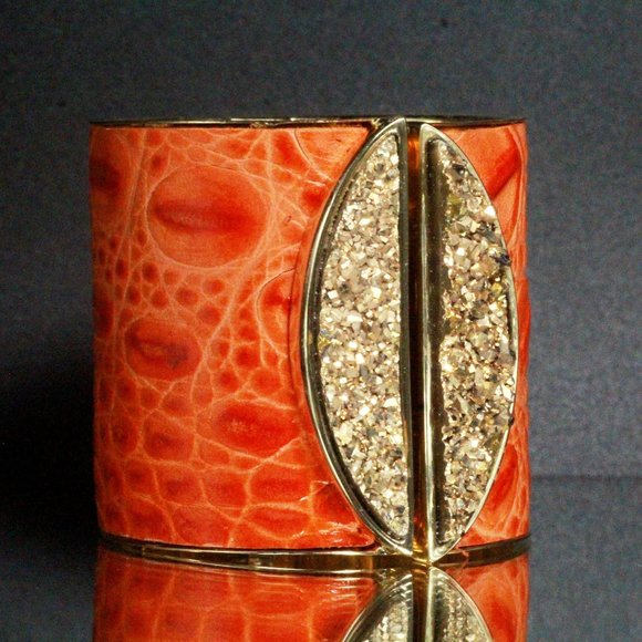 Fabrizio Giannone Designer Signed Orange Color Leather Gold Stone Clamp Bracelet - Picture 11 of 12
